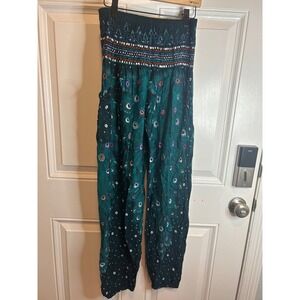 Unbranded Harem Pants Teal Green Peacock Print Smocked Waist Boho Yoga Joggers